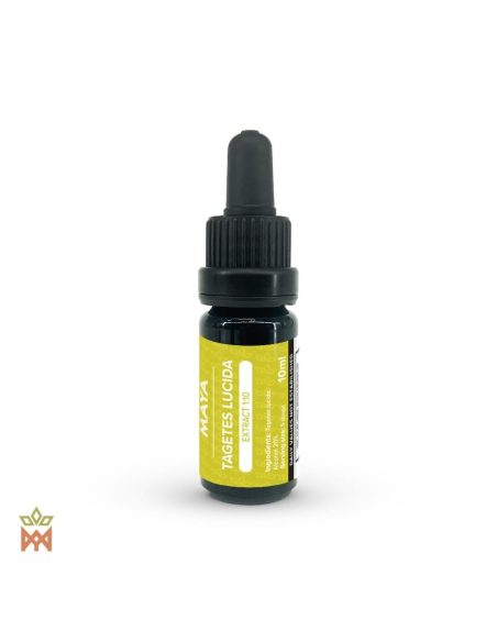 Teinture de Tagetes lucida du Mexique – flacon compte-gouttes de 10 ml en verre foncé, étiquette jaune Maya « Extract 1:10 »