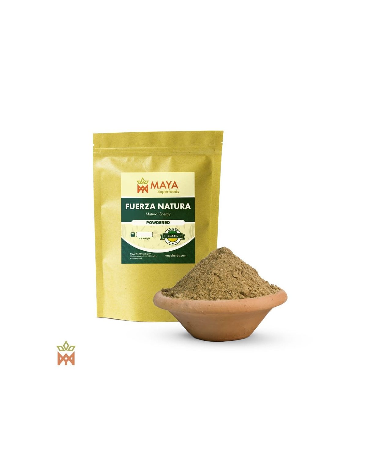Fuerza Natura – sachet Maya Superfoods et mélange en poudre dans un bol en terre cuite