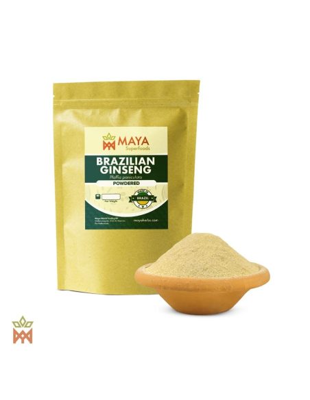 Suma du Brésil – sachet Maya Superfoods « Brazilian Ginseng » et racine en poudre dans un bol en terre cuite