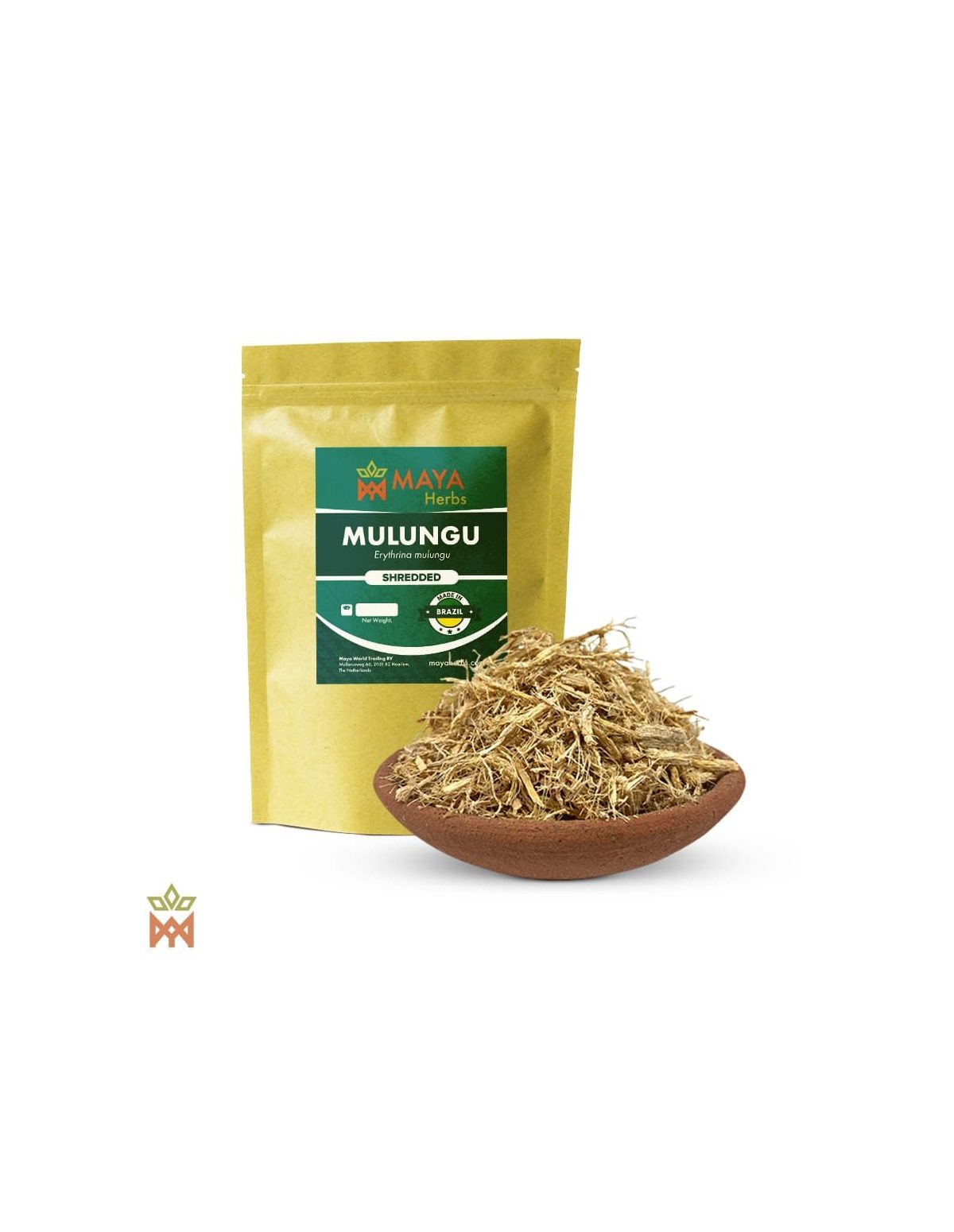 Écorce de mulungu effilochée (Erythrina mulungu) – sachet Maya Herbs et écorce dans une coupelle en terre cuite