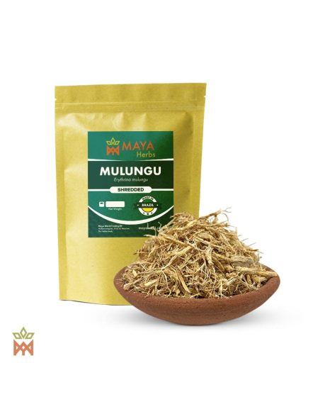 Écorce de mulungu effilochée (Erythrina mulungu) – sachet Maya Herbs et écorce dans une coupelle en terre cuite