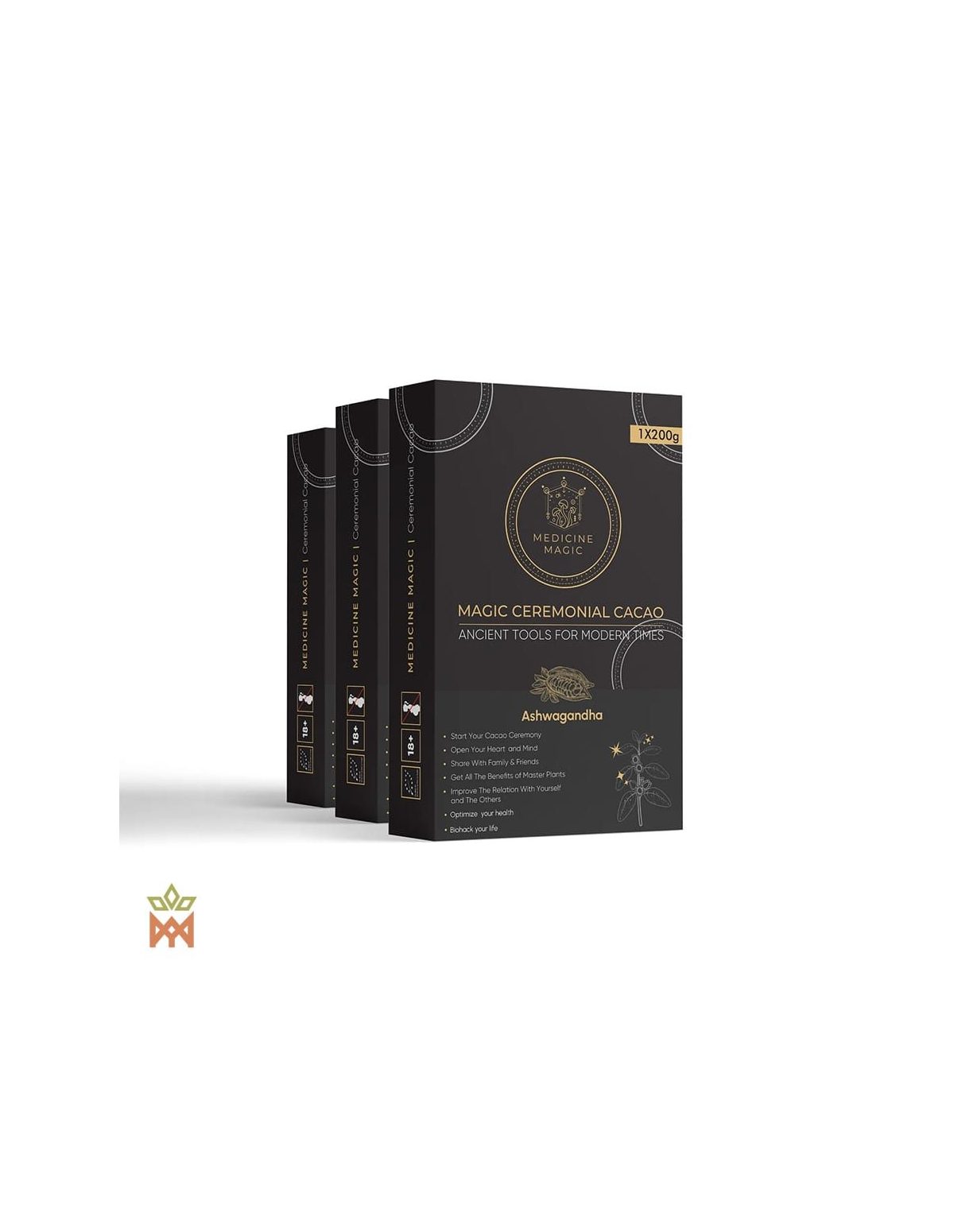 Cacao cérémoniel de Colombie à l’ashwagandha – Medicine Magic – trois boîtes, vue de face