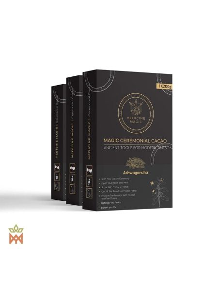Cacao cérémoniel de Colombie à l’ashwagandha – Medicine Magic – trois boîtes, vue de face