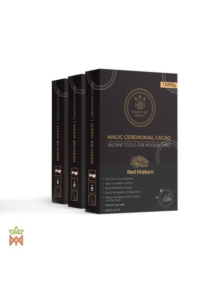 Cacao cérémoniel de Colombie au kratom rouge – Medicine Magic – trois boîtes, vue de face