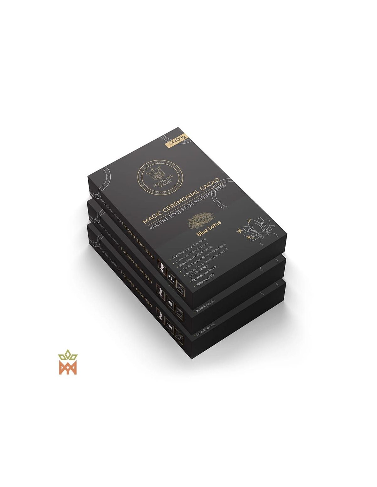 Cacao cérémoniel de Colombie au lotus bleu – Medicine Magic – trois boîtes empilées