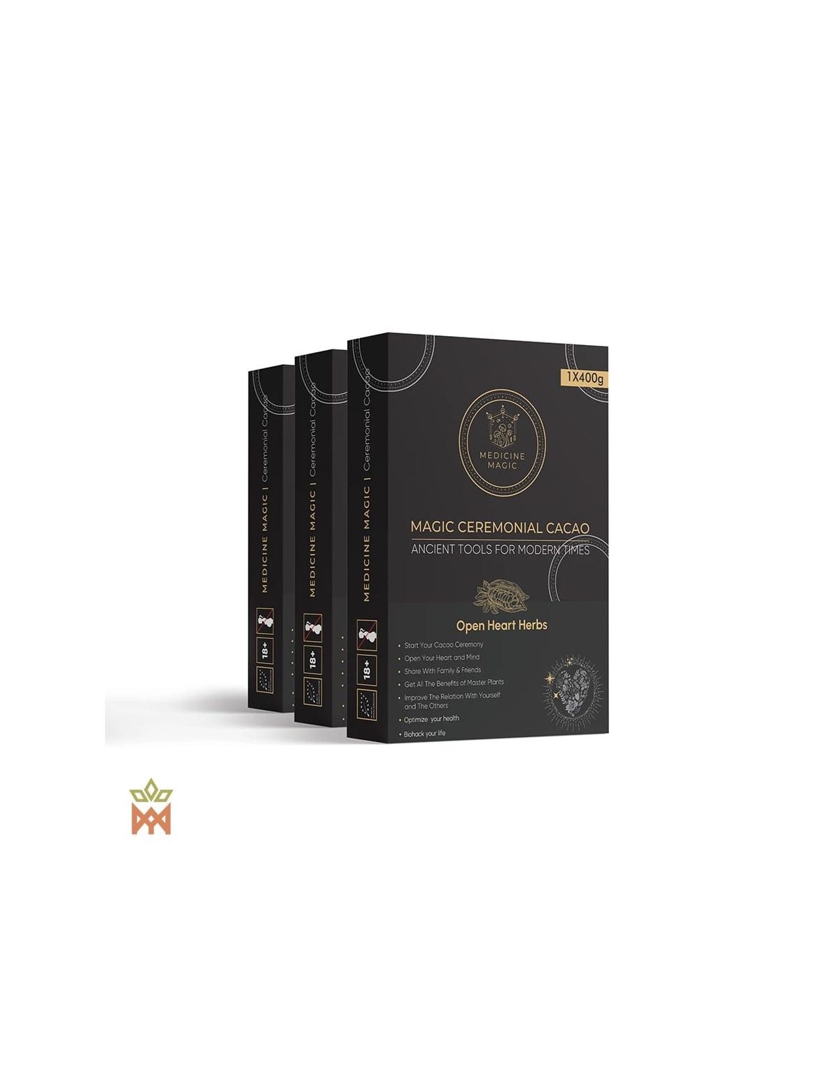 Cacao cérémoniel Open Heart de Colombie – Medicine Magic – trois boîtes, vue de face