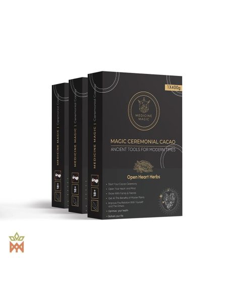 Cacao cérémoniel Open Heart de Colombie – Medicine Magic – trois boîtes, vue de face
