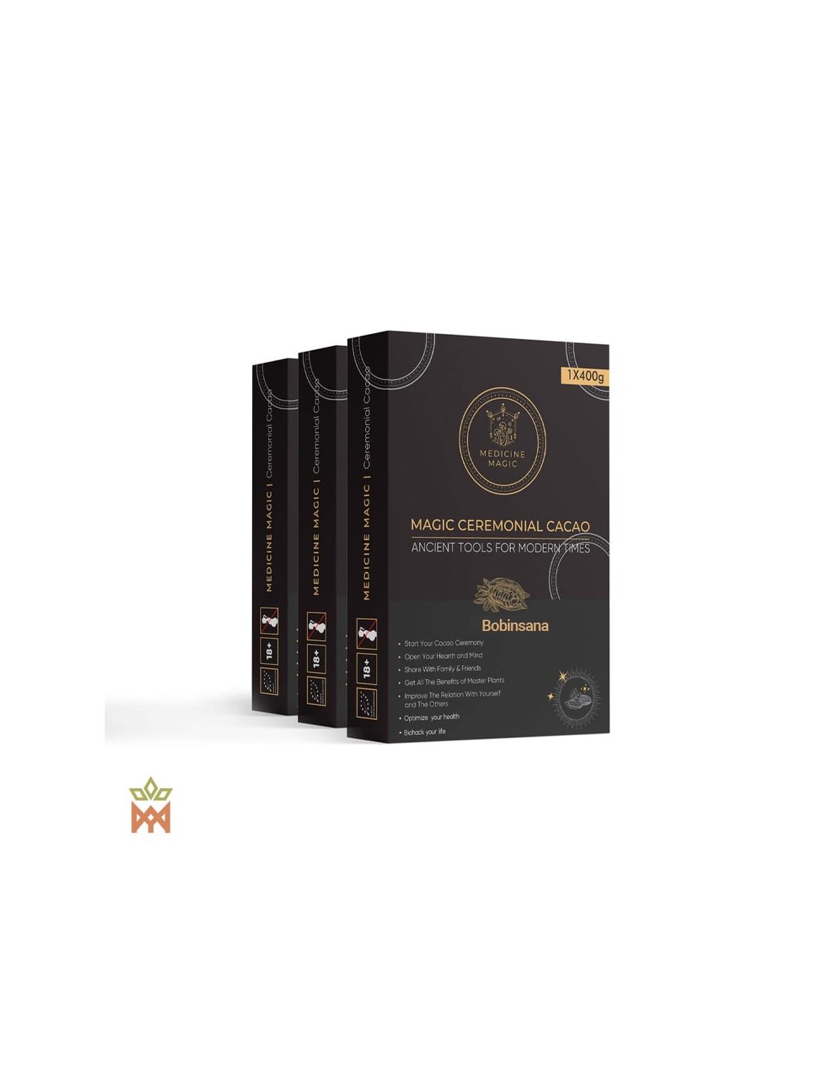 Cacao cérémoniel de Colombie à la bobinsana – Medicine Magic – trois boîtes, vue de face