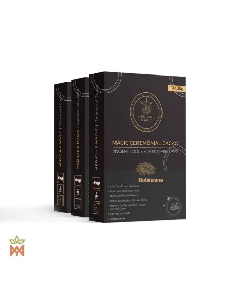 Cacao cérémoniel de Colombie à la bobinsana – Medicine Magic – trois boîtes, vue de face