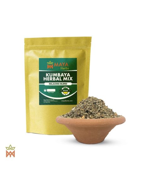 Mélange d’herbes Kumbaya – sachet Maya Herbs et herbes coupées dans un bol en terre cuite