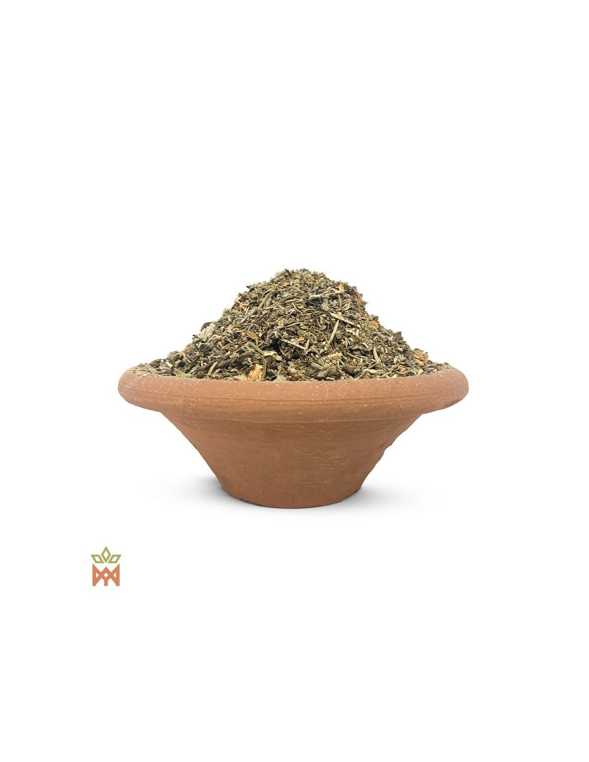 Mélange d’herbes Kumbaya – herbes vert-gris finement coupées dans un bol en terre cuite