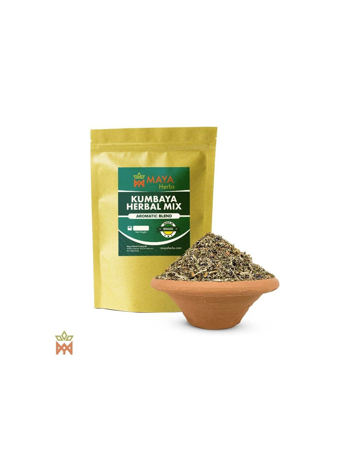 Kumbaya aromatique – sachet Maya Herbs et mélange d’herbes dans un bol en terre cuite