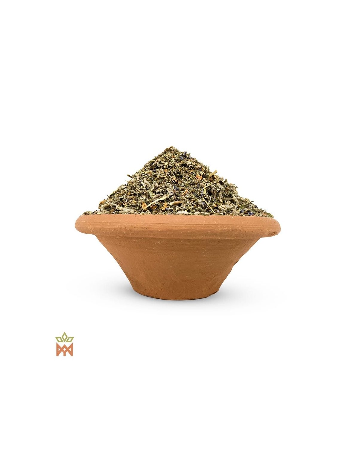 Kumbaya aromatique – herbes coupées et fragments de fleurs violets dans un bol en terre cuite