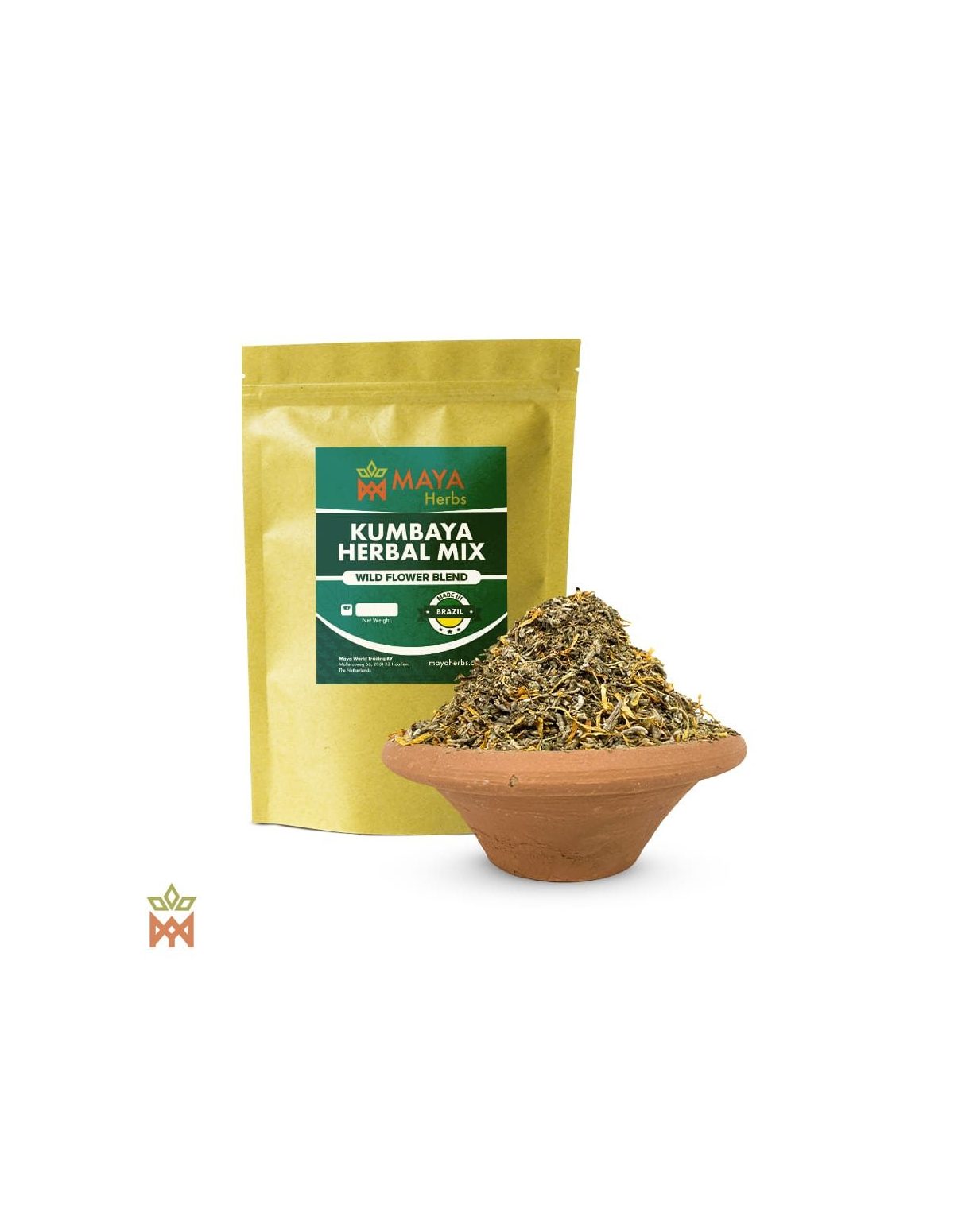 Kumbaya aux fleurs sauvages – sachet Maya Herbs et mélange de fleurs dans un bol en terre cuite