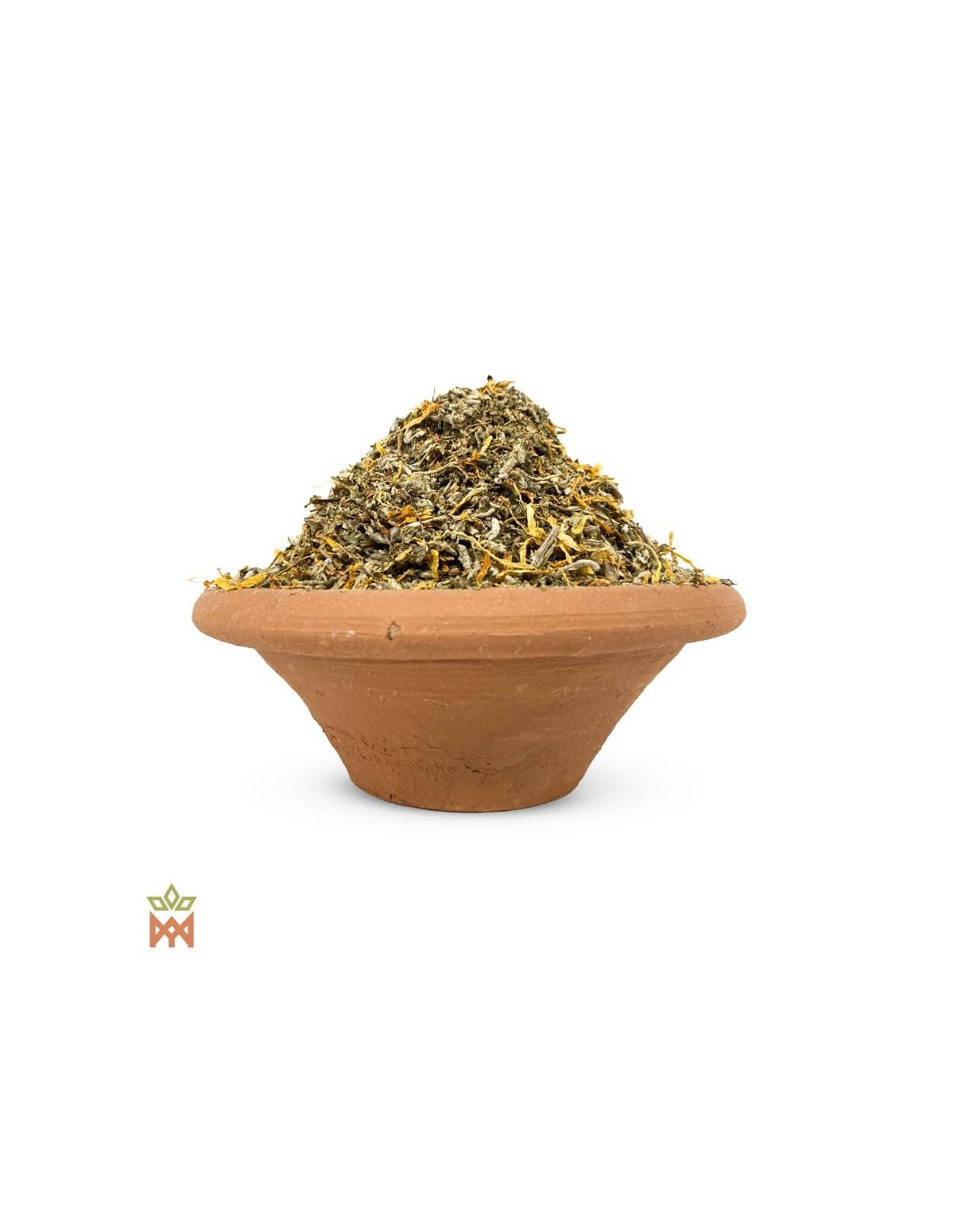 Kumbaya aux fleurs sauvages – herbes coupées et pétales jaunes et orange dans un bol en terre cuite