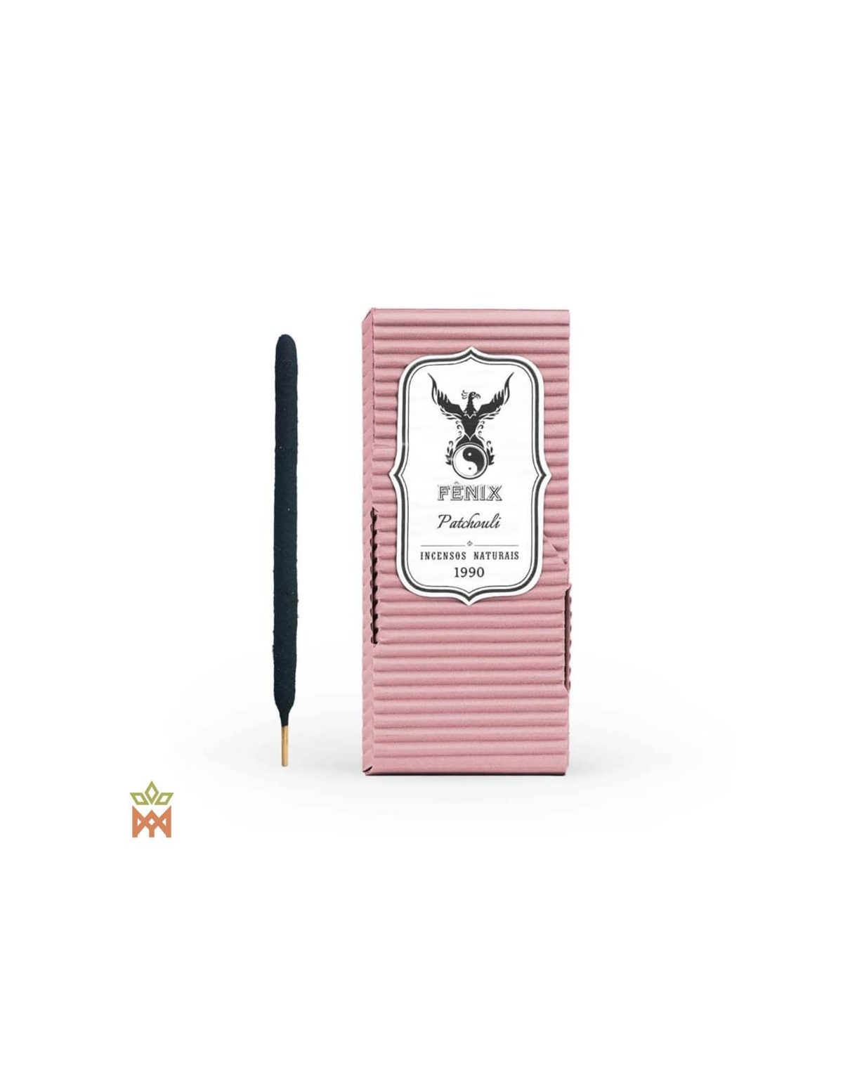 Encens Fenix au patchouli du Brésil – boîte rose en carton ondulé, étiquette au phénix et un bâton