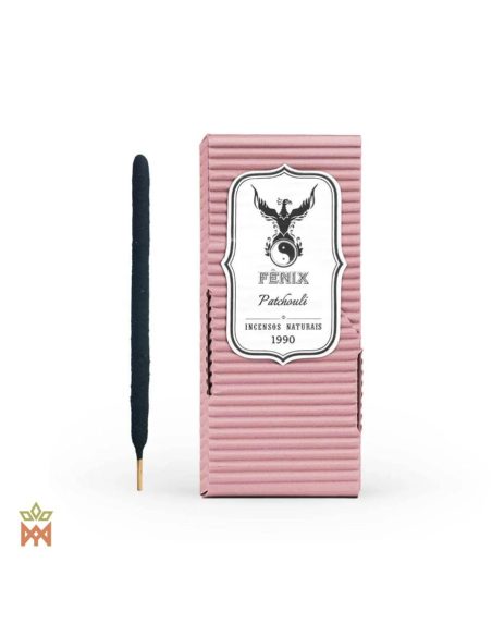 Encens Fenix au patchouli du Brésil – boîte rose en carton ondulé, étiquette au phénix et un bâton