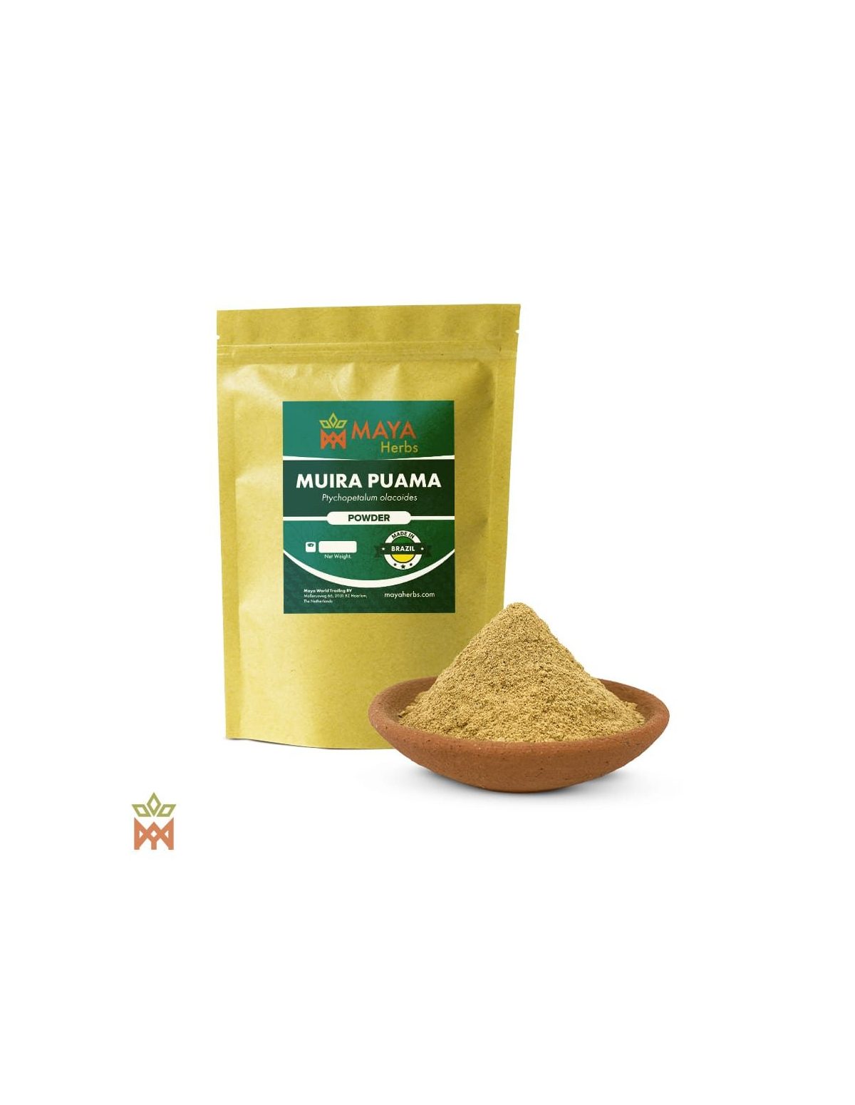 Muira puama du Brésil, feuille en poudre (Ptychopetalum olacoides) – sachet Maya Herbs et poudre dans une coupelle