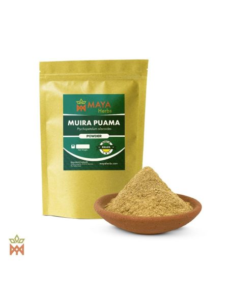 Muira puama du Brésil, feuille en poudre (Ptychopetalum olacoides) – sachet Maya Herbs et poudre dans une coupelle