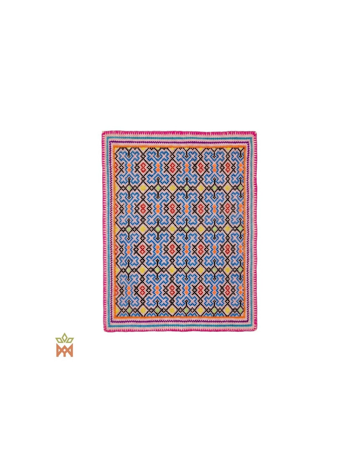 Textile décoratif Shipibo – Dix motifs au choix – treillis bleu pâle et pêche à bord rose