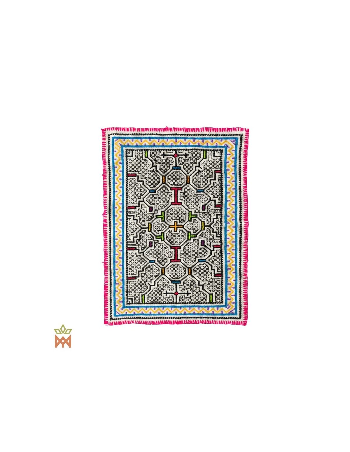 Textile décoratif Shipibo – Dix motifs au choix – labyrinthe noir et blanc dans des bordures colorées