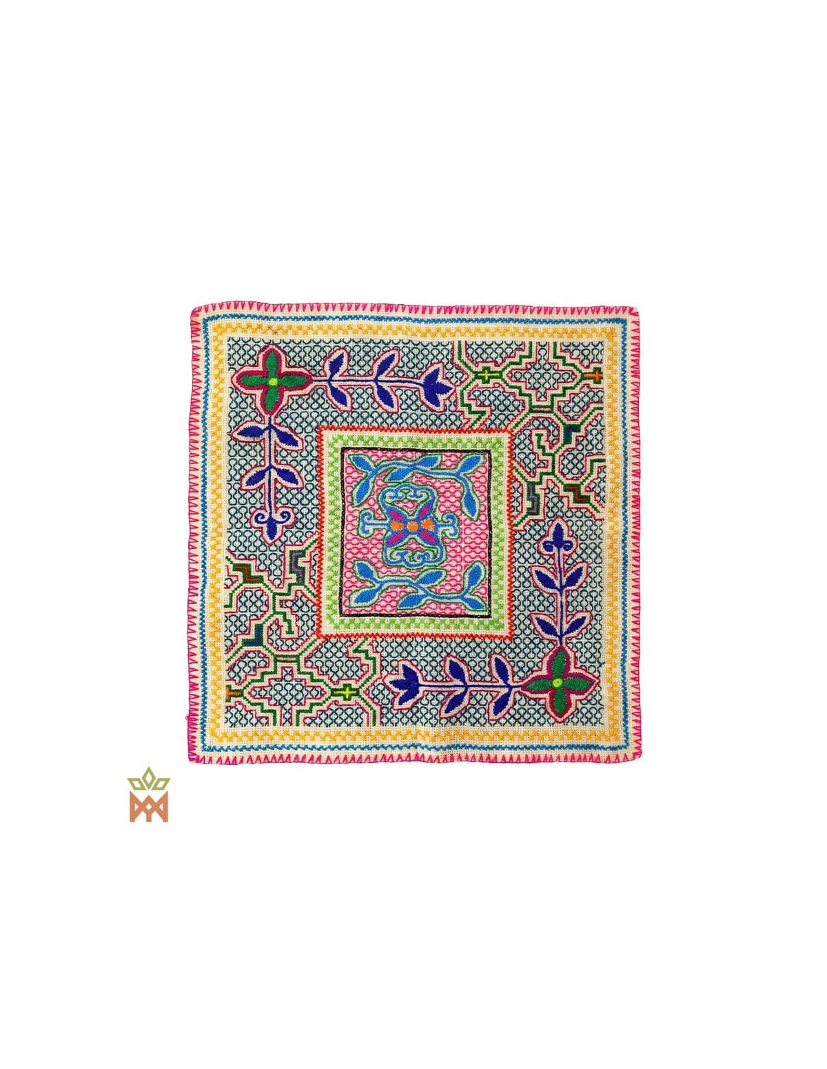 Textile décoratif Shipibo – Dix motifs au choix – pièce crème, centre rose et feuilles bleues