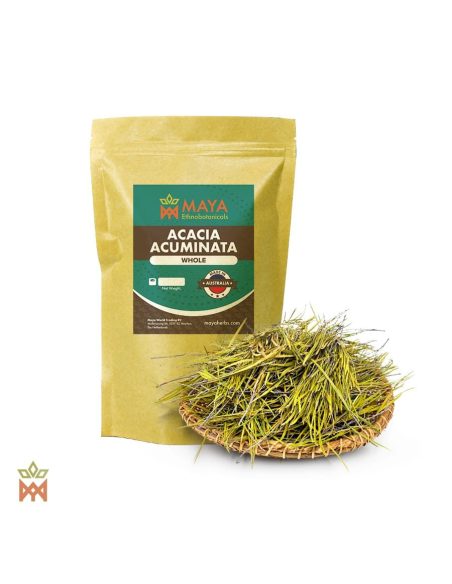 Mangart d’Australie – Phyllodes étroits entiers, Acacia acuminata – sachet étiqueté et plateau de phyllodes