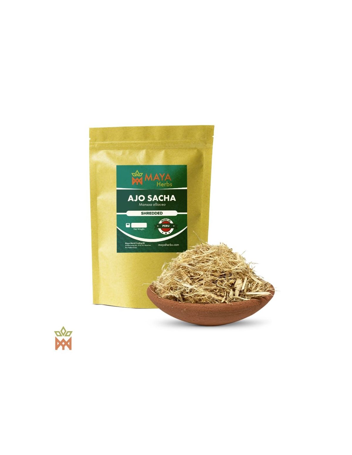 Ajo sacha du Pérou (Mansoa alliacea) – sachet Maya Herbs « Shredded » et fibres de bois claires dans un bol en terre cuite