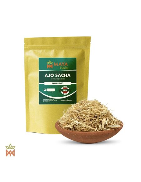 Ajo sacha du Pérou (Mansoa alliacea) – sachet Maya Herbs « Shredded » et fibres de bois claires dans un bol en terre cuite