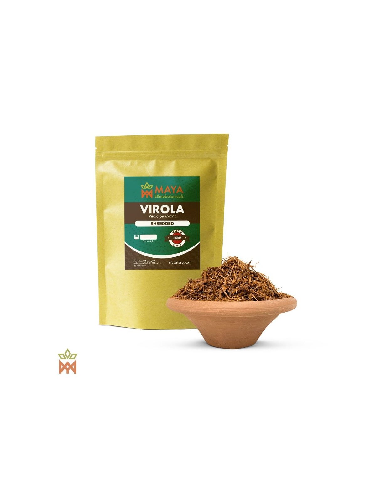 Virola du Pérou – Écorce effilochée, Virola peruviana – sachet étiqueté et bol d’écorce effilochée