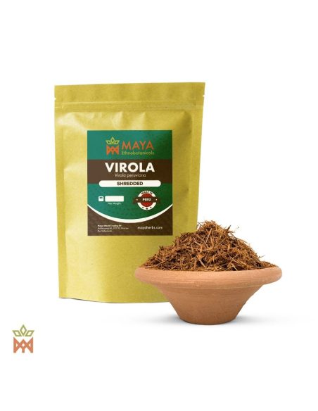 Virola du Pérou – Écorce effilochée, Virola peruviana – sachet étiqueté et bol d’écorce effilochée