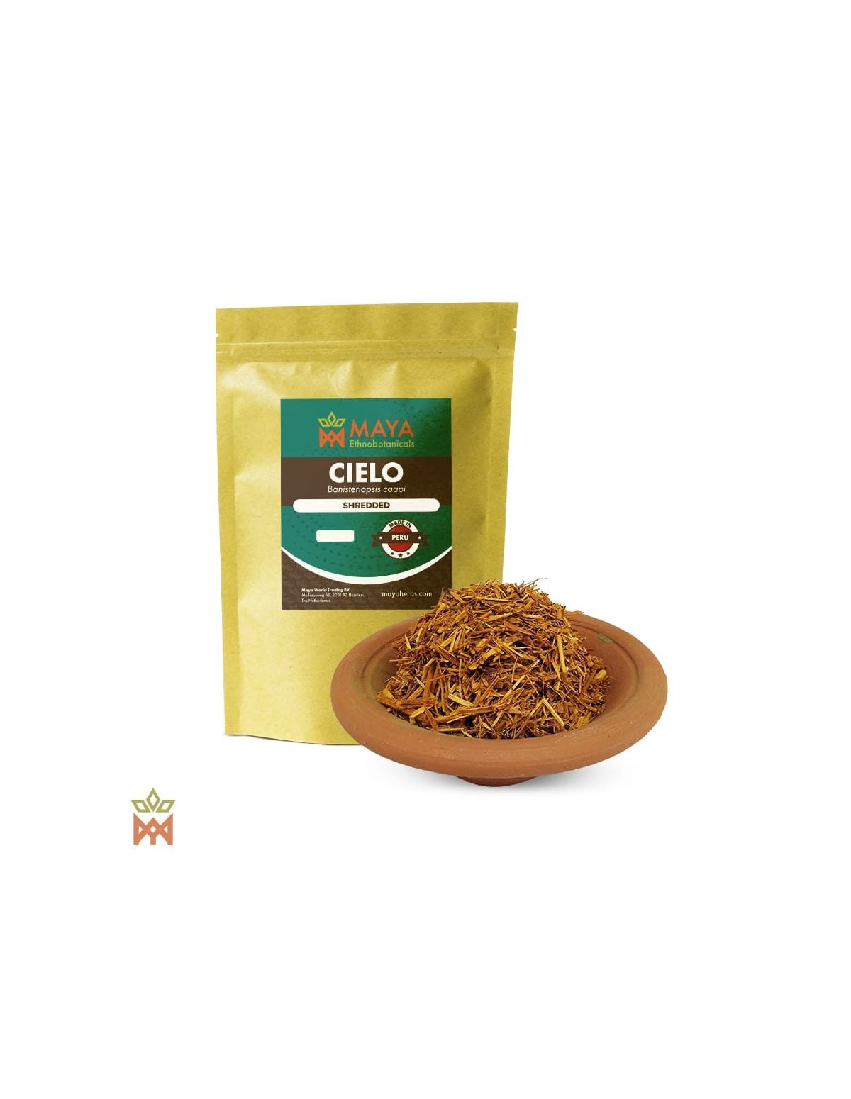 Cielo Caapi du Pérou – Liane effilochée, Banisteriopsis caapi – sachet étiqueté et coupelle de liane effilochée