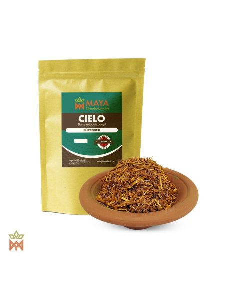 Cielo Caapi du Pérou – Liane effilochée, Banisteriopsis caapi – sachet étiqueté et coupelle de liane effilochée