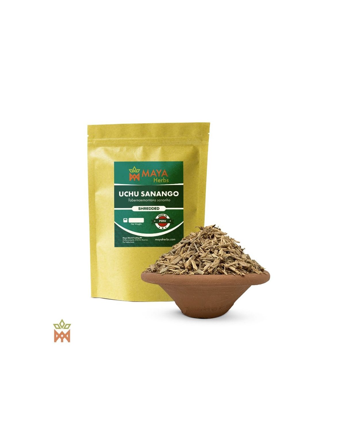 Uchu sanango du Pérou – Bois effiloché, Tabernaemontana sananho – sachet étiqueté et bol de bois effiloché