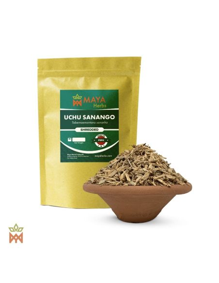 Uchu sanango du Pérou – Bois effiloché, Tabernaemontana sananho – sachet étiqueté et bol de bois effiloché