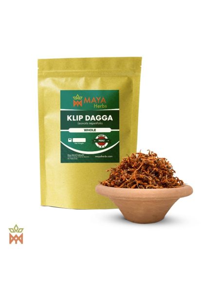 Klip dagga du Pérou – sachet Maya Herbs « Whole » et tubes floraux orangés dans un bol en terre cuite