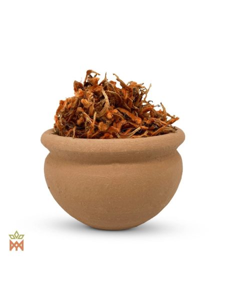 Klip dagga du Pérou – fleurs entières dans un pot rond en terre cuite, vue de côté