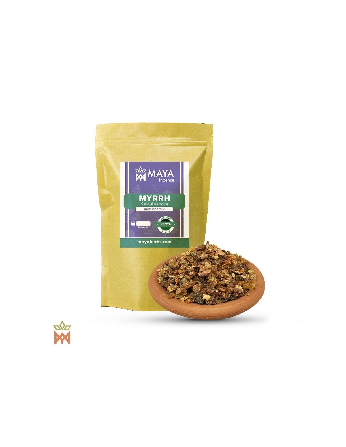 Myrrhe du Kenya – sachet étiqueté Myrrh, Made in Kenya, et bol en terre cuite de morceaux de résine concassés