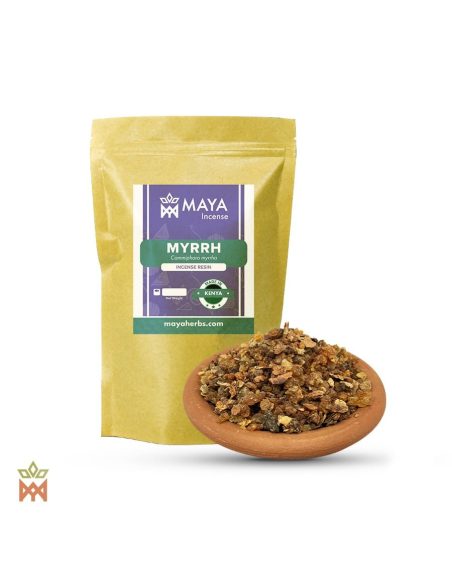 Myrrhe du Kenya – sachet étiqueté Myrrh, Made in Kenya, et bol en terre cuite de morceaux de résine concassés
