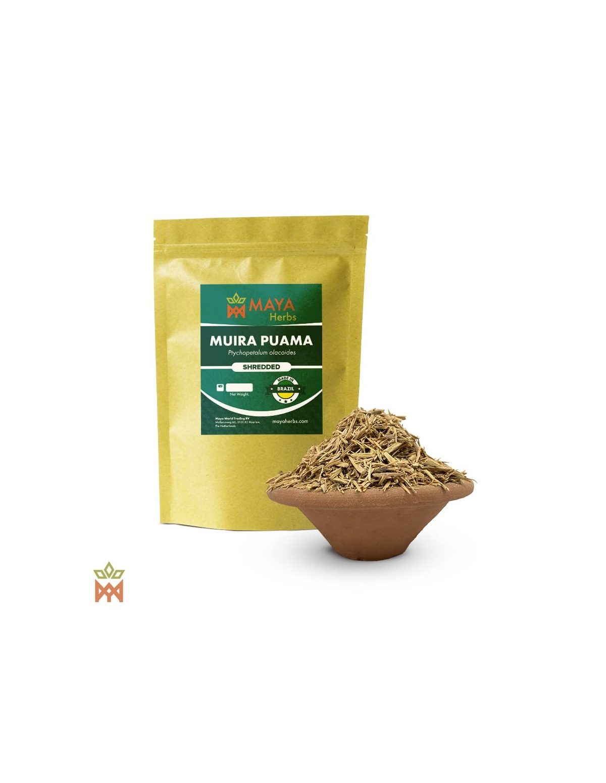 Racine de muira puama effilochée du Brésil (Ptychopetalum olacoides) – sachet Maya Herbs et racine dans un bol en terre cuite