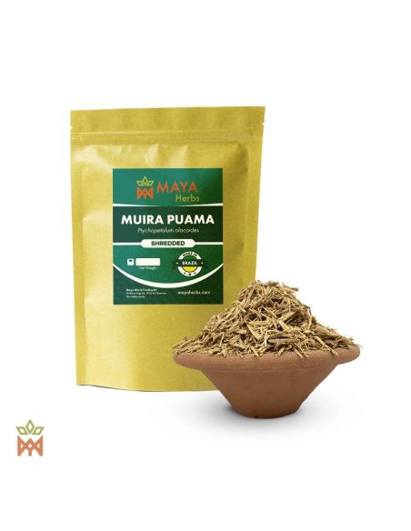 Racine de muira puama effilochée du Brésil (Ptychopetalum olacoides) – sachet Maya Herbs et racine dans un bol en terre cuite
