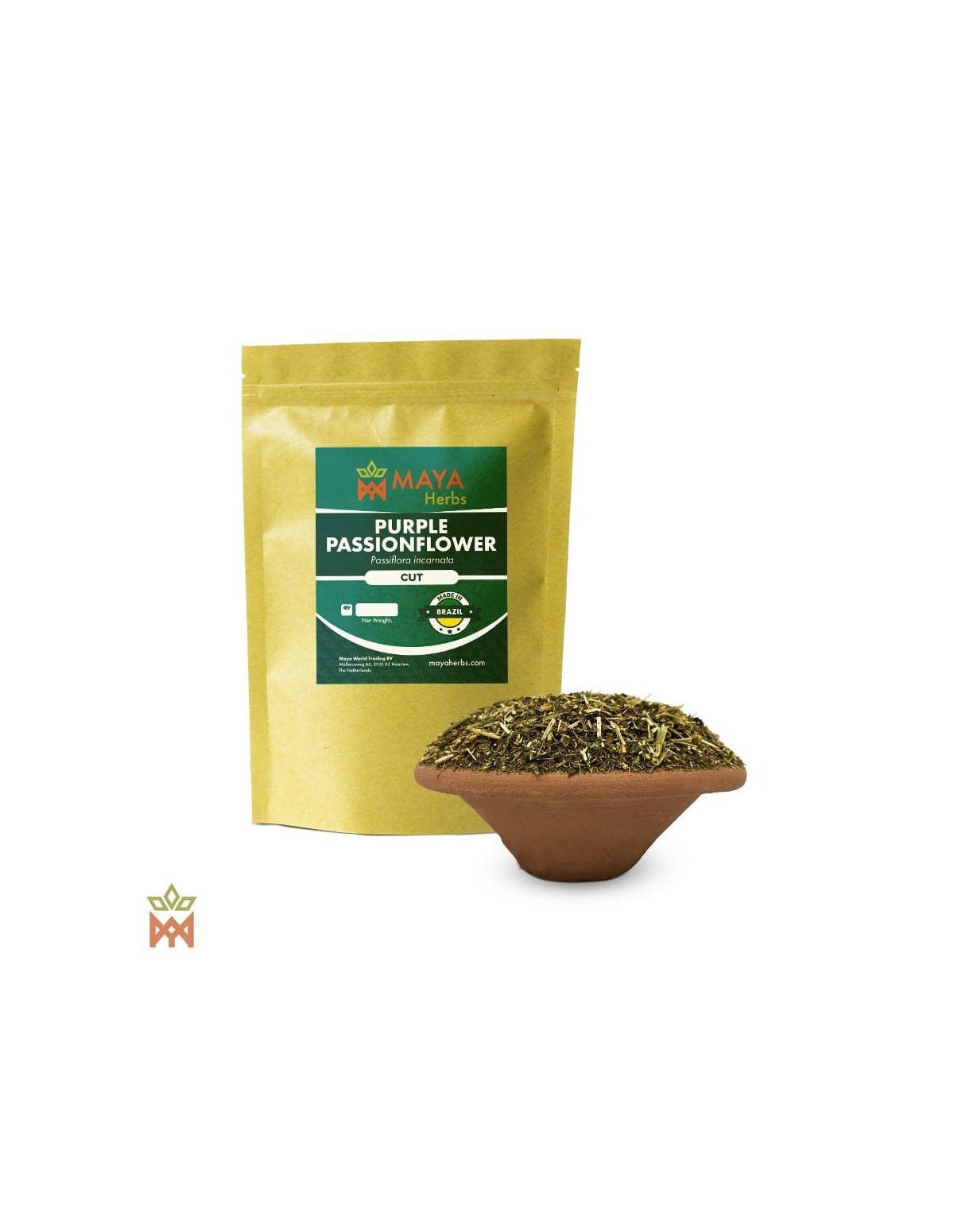 Passiflore, herbe finement coupée (Passiflora incarnata) – sachet Maya Herbs et herbe dans un bol en terre cuite