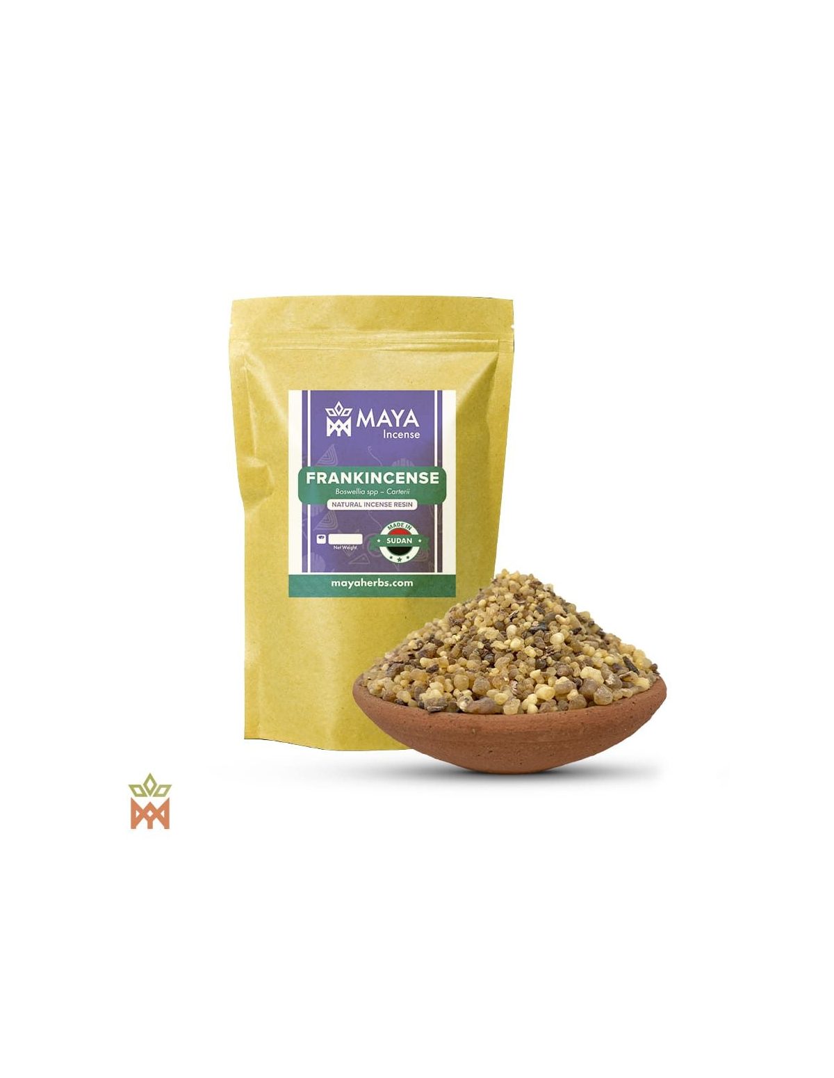 Résine de boswellia du Soudan – sachet étiqueté Frankincense, Boswellia spp – Carterii, Made in Sudan, et bol de résine coupée