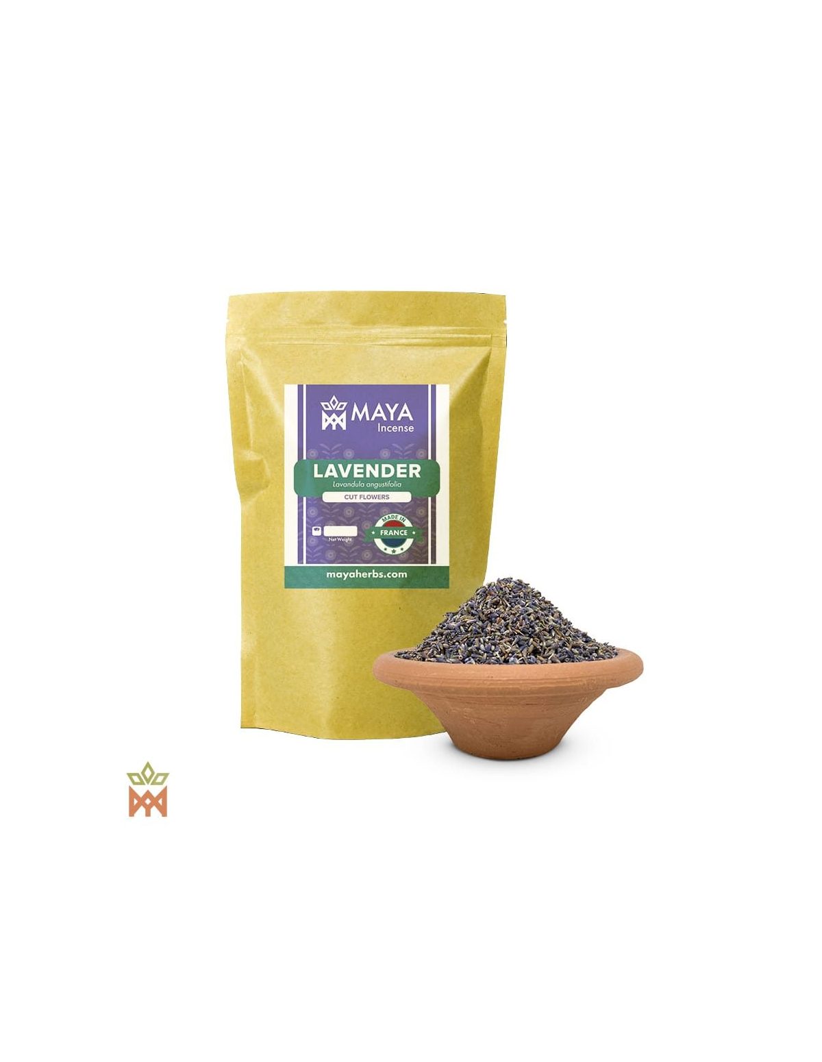 Lavande de France – Fleurs finement coupées, Lavandula angustifolia – sachet Maya Incense et coupelle de boutons