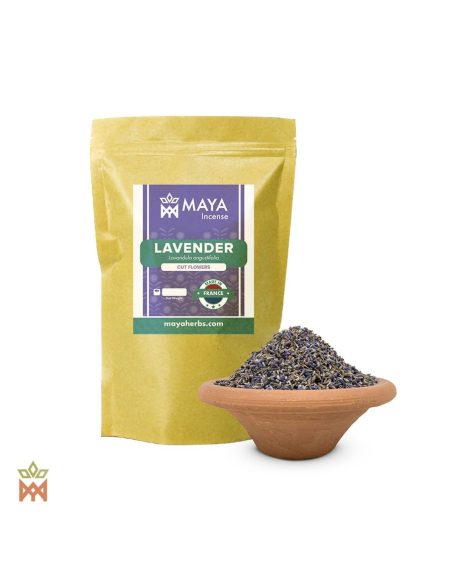 Lavande de France – Fleurs finement coupées, Lavandula angustifolia – sachet Maya Incense et coupelle de boutons