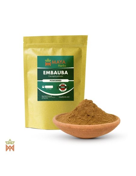 Embauba du Pérou – Feuille en poudre, Cecropia palmata – sachet et coupelle de poudre de feuille