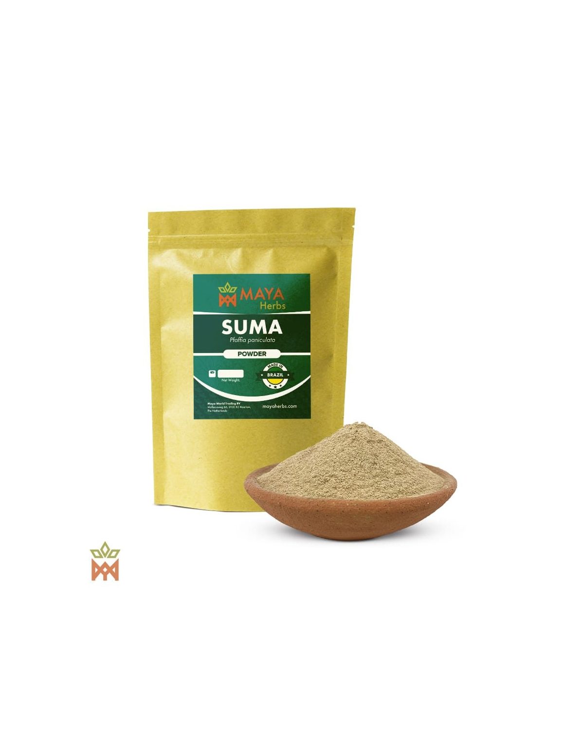 Poudre de suma du Brésil – sachet Maya Herbs « Suma, Powder » et poudre dans un bol en terre cuite