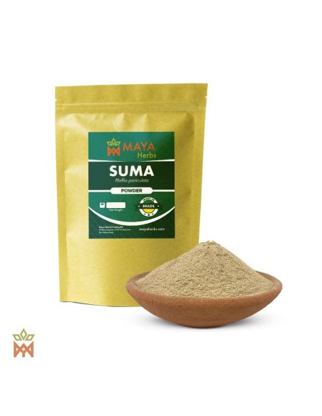 Poudre de suma du Brésil – sachet Maya Herbs « Suma, Powder » et poudre dans un bol en terre cuite