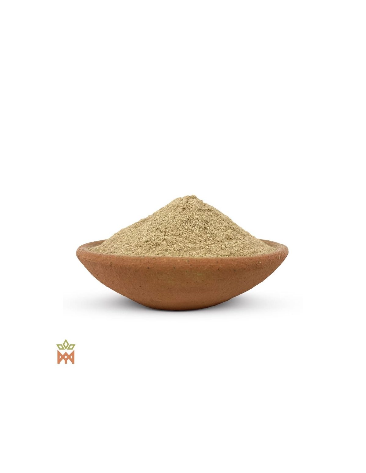 Poudre de suma du Brésil – poudre beige grisé dans un bol en terre cuite, vue de côté