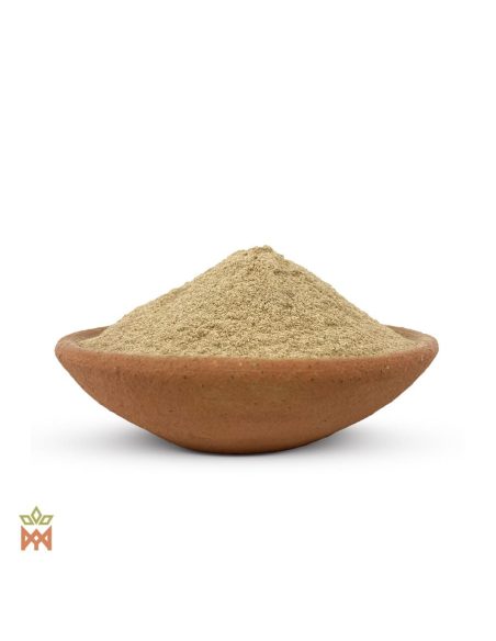 Poudre de suma du Brésil – poudre beige grisé dans un bol en terre cuite, vue de côté